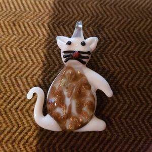 White And Gold Glass Cat Pendant
